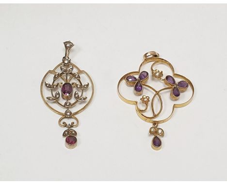 Edwardian 9ct gold, seedpearl and almandine garnet pendant, oval and pierced and another quatrefoil-shaped pendant set with a