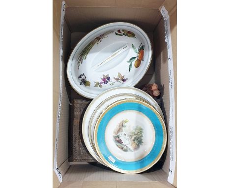 Pair of Minton turquoise ground topographical plates, a Royal Worcester 'Evesham Gold' pattern oval two-handled tureen and co