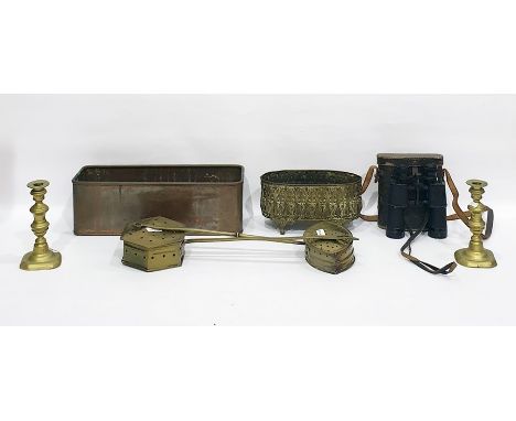 Two brass chestnut roasters, a copper trough, a selection of brassware and a pair of Lieberman & Gortz binoculars (cased) 