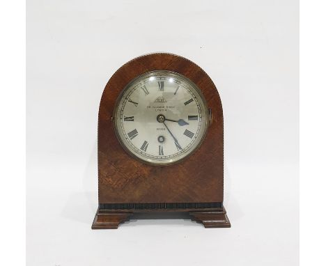Dent burrwood round arch mantel clock having circular steel dial with Roman numerals, all having boxwood and ebony stringing,