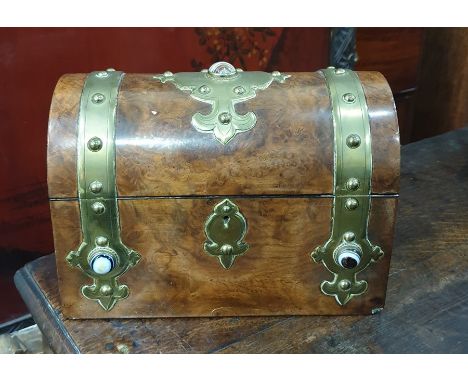 Dome top walnut and brass bound tea caddy inset with agate roundels and a further smaller trinket box (2) 