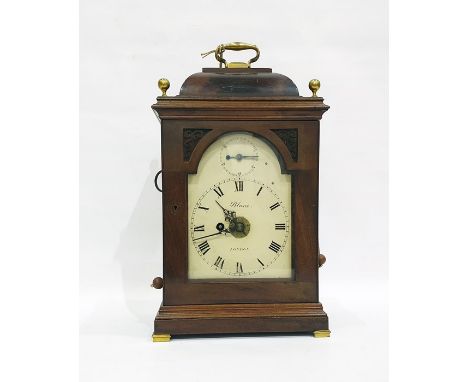 19th century mahogany bracket clock with brass loop handle, raised cushion pediment, the enamel dial inscribed 'Blane London'