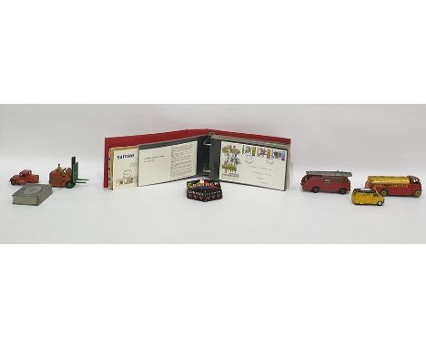 Meccano Dinky fire engine, a Corgi Bedford van, a Meccano Dinky Shell chemicals tank, a forklift truck, various playiing card