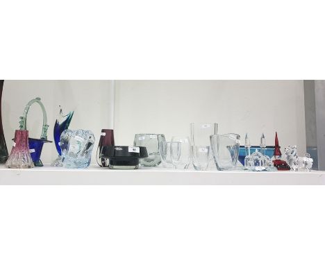 Assortment of coloured and engraved Art glass, 20th century, to include a Finnish studio glass vase of compressed stepped for