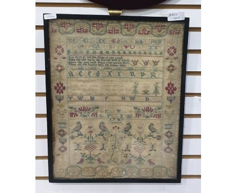 Mid 18th century needlework sampler dated 1747, featuring a verse, birds, flowers in pots, etc, 36cm x 28cmCondition ReportTh
