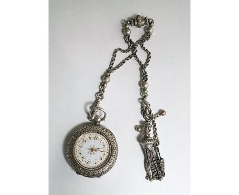 A lady's silver cased fob watch, with foliate engraving, the case marked 935, with rope twist chain