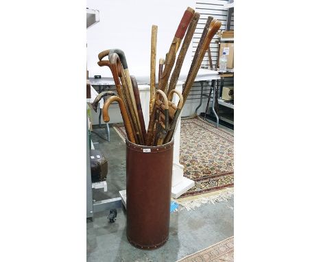 Group of walking sticks, canes and a shooting stick in a leather-bound stand 