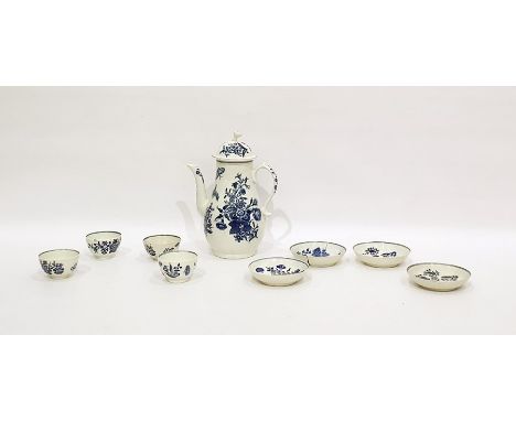 18th century Worcester blue and white transfer printed coffee pot and cover and four tea bowls and saucers, circa 1770-90, bl