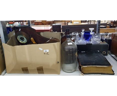 Two boxes of various items including wooden nativity set, some blue and red glass, a wooden barometer and clothes brush stand