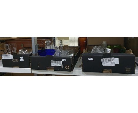 Three boxes of assorted glassware including vases, decanters, brandy balloons, plus Chinese style blue ceramic stool with sto