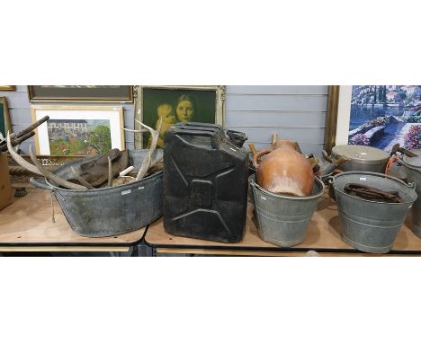 Eight various galvanised containers containing selection of vintage tools and horseshoes and a vintage jerry can 