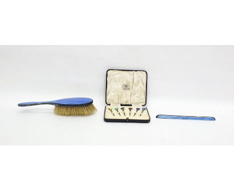 Silver and enamel cocktail stick set, Birmingham 1935, in fitted case and a silver and blue enamel hairbrush and matching ena