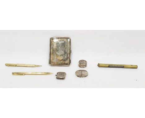 Silver circular four-division pill box, London 1993, a silver vesta case, Birmingham 1912, a circular silver plate pill box w