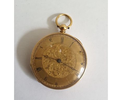 18ct gold fob watch with floral engraved caseCondition Reportyes,no guaranteeslight dent to rear case36 mm37 g