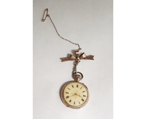 A lady's 14ct gold cased fob watch,enamel dial with Roman numerals, engraved on enamel case togethera with 9ct gold ribbon br