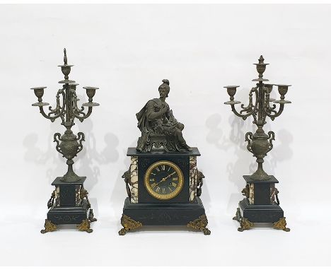 Slate, marble and metal clock garniture, late 19th century, the mantel clock surmounted by a seated Roman soldier, the black 