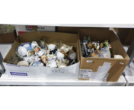 Two boxes of ceramic model animals, small teacups, cats, pigs etc 