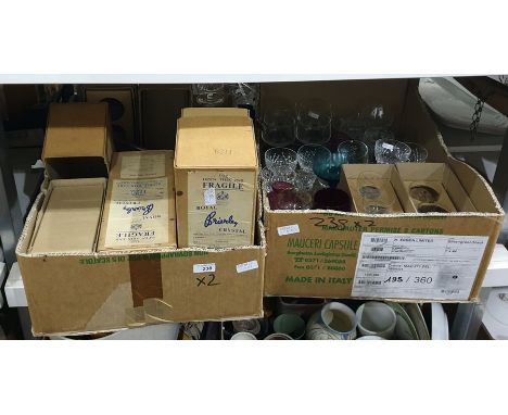 Two boxes of vintage glassware including boxed Royal Brierley crystal and other coloured glass and decanters 