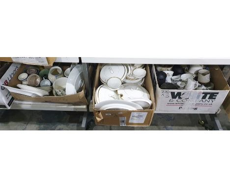 Three boxes of ceramics to include part dinner service by Royal Worcester 'Viceroy' pattern, vases, Denby pottery jugs, etc (