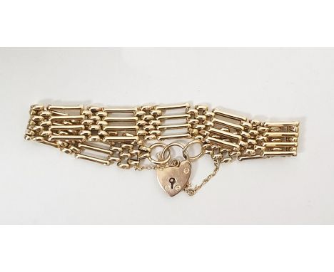 9ct gold four-bar gate bracelet with padlock clasp, 15.8g approx