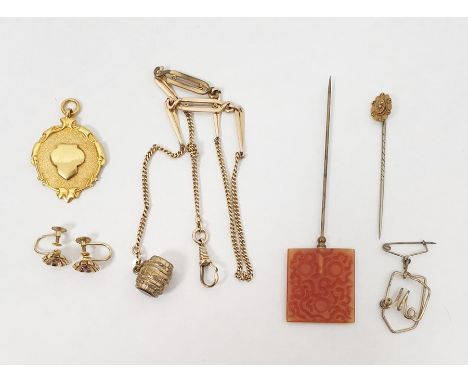 Gold-coloured metal bar and curb-pattern watch chain, gilt metal fob, pair 9ct gold and pink stone flowerhead screw-fixing ea