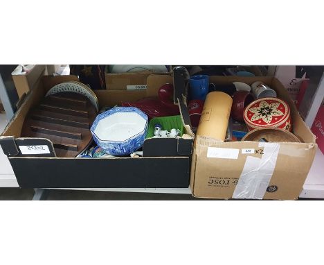 Two boxes of collectables including a collection of thimbles and display shelf, a red ceramic duck, some postcards, branded c