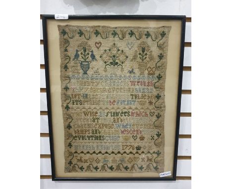 Needlework sampler, dated 1778, named for Hannah decorated the alphabet and a verse in a foliate border with heart shape's, c