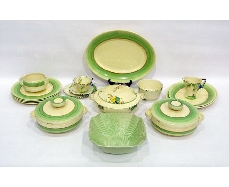 Clarice Cliff Newport Pottery Art Deco green banded part dinner service, circa 1930, printed black marks, to include: two cir