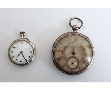 Victorian silver pocket watch, key winding, subsidery second hand dial , 1892 with a small silver fob watch engraved case&nbs
