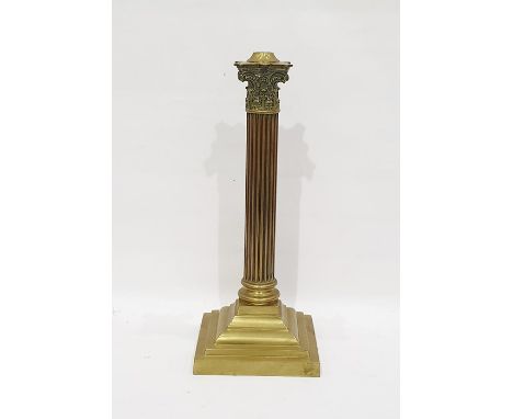 Brass lamp base formed as a Corinthium column, on stepped square section plinth, 42.5cm high 