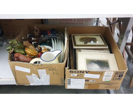 Box of prints of gamebirds and rural scenes and a box containing ceramics and tubes of glitter (2 boxes) 
