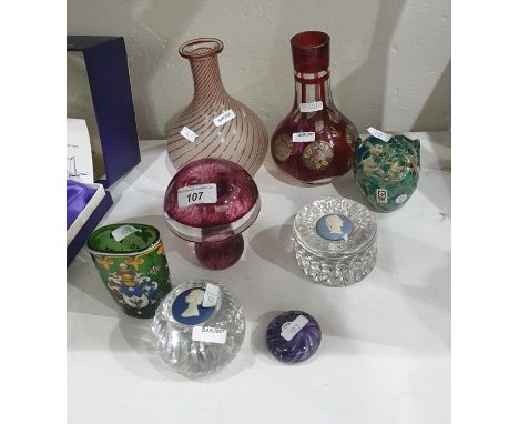 Various items of cut and coloured glassware, to include a bottle shaped vase frosted and flashed with spirally radiating ruby