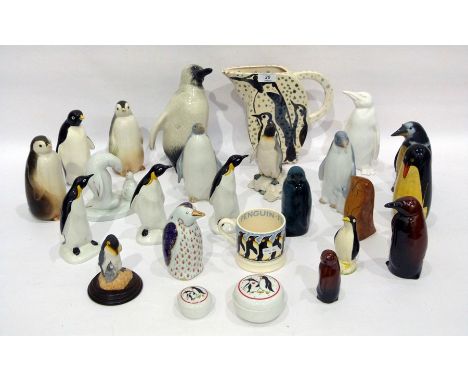 20th century group of porcelain, pottery, glass and wood models of penguins, the tallest 22.2cm high, including Poole example