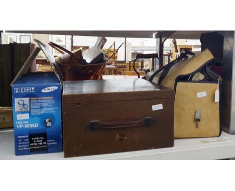 Quantity of vintage and more modern video recording equipment, some old cameras and a suitcase containing vintage cough sweet