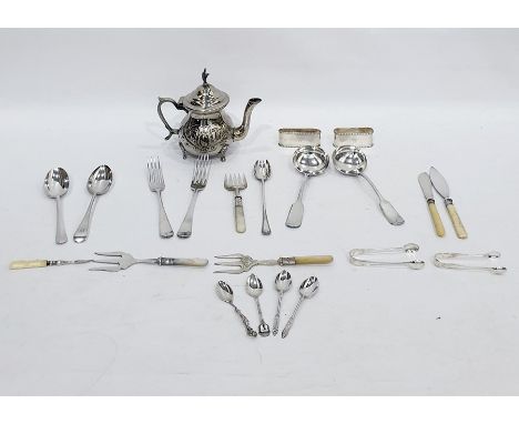 Various silver plate including teapot with repousse decoration, eagle finial to cover, pair of elongated napking rings, initi