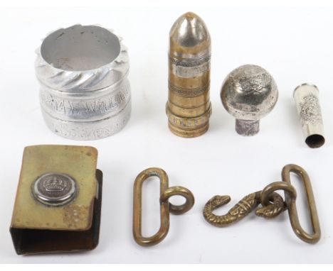 Great War Trench Art Grouping, including matchbox cover with Imperial tunic button and Turkish cartridge base plate etc; Allo