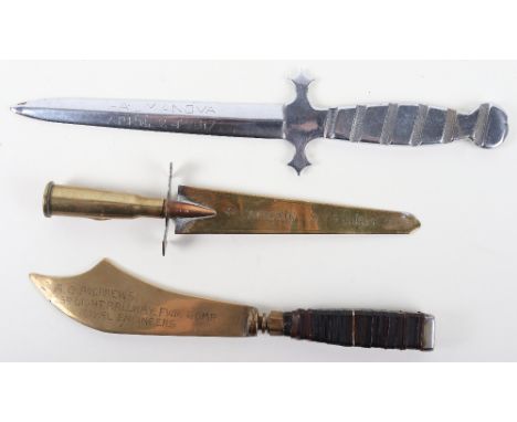 3x Great War Trench Art Letter Openers, two being made from brass, one mounted with Turkish tunic button. Chrome example engr