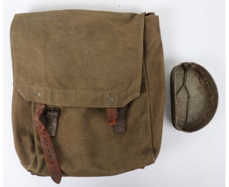 British 1914 Pattern Haversack, webbing example with brown leather attachment straps. Stamped with broad arrow and number 8. 