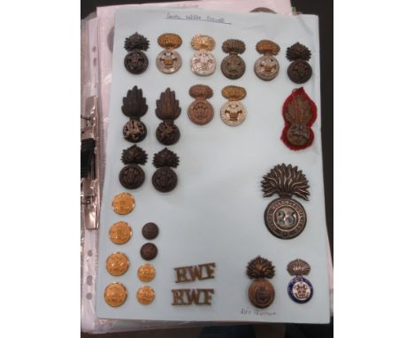 Five South Wales Borderers badges, sixteen Royal Welsh Fusiliers badges, pair of shoulder badges, eight buttons; two Welsh Gu