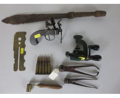 A lot comprising two Bullet moulds, two reloading items, 5 inert, 7.62 rounds, reproduction Tinder Lighter etc
