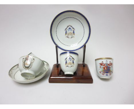Three Chinese Armorial Cups, four Tea Bowls and four Saucers, some A/F, a crinoline Figure, five Liqueur Glasses, etc