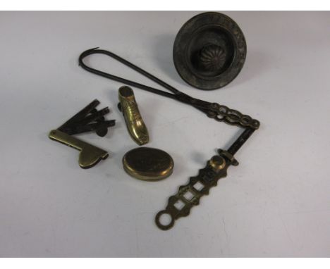A brass and iron adjustable Meat Hook, brass Bell Pull "Visitors", a Paper Clip in form of a book, a brass cased Phleem and a