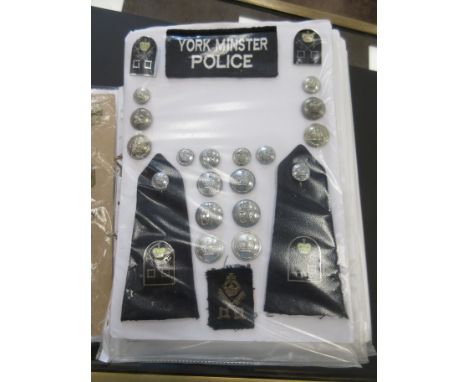 A folder containing badges, buttons and cloth badges, including The Lorne Scots, Woman's Royal Army Corps, kings Own Scottish