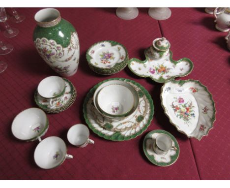 A collection of Dresden green scale ground porcelain, including a rare Inkstand, a baluster Vase, a leaf shaped Dessert Dish 