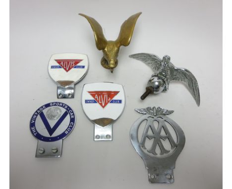 Two eagle Car Mascots, two Alvis enamel Owner Clubs Shields, A/F, AA Badge and VSCC Badge