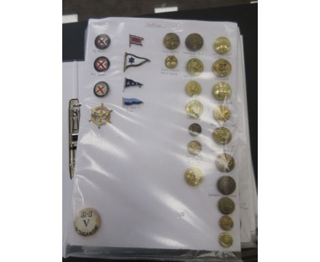 Folder of badges and buttons including shipping line buttons, Royal Scots Cap Badges, Queens Own Hussars, Army Air Corps, Gli