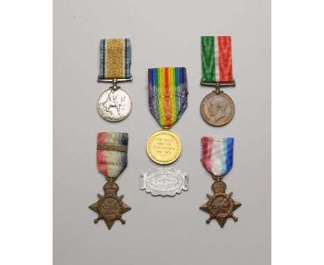 Five: 1914-15 STAR (10070 Pte. W. Dutton. Ches: R),1914 STAR with original Aug - Nov clasp, (6001 Pte. A Reynolds C. Gds),BRI