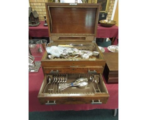 A walnut Canteen with hinged lid and two drawers containing part set of EP cutlery old english pattern including soup spoons 