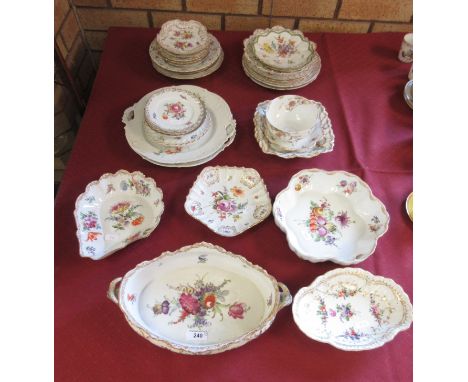 A collection of Dresden floral painted porcelain Dishes, including an oval Fruit Dish with goats head handles, various shaped