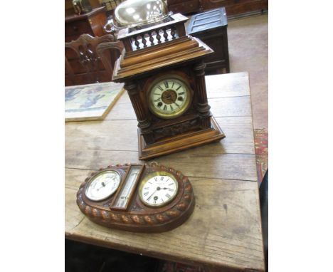 An oak cased Barometer, Thermometer and Clock with rope twist case, J.W. Blake & Son, Gosport and a walnut cased Mantel Clock